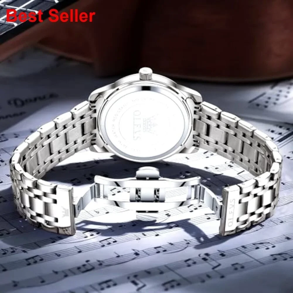 Stainless Steel Watch with Roman Numerals Diamond Accents Day Date